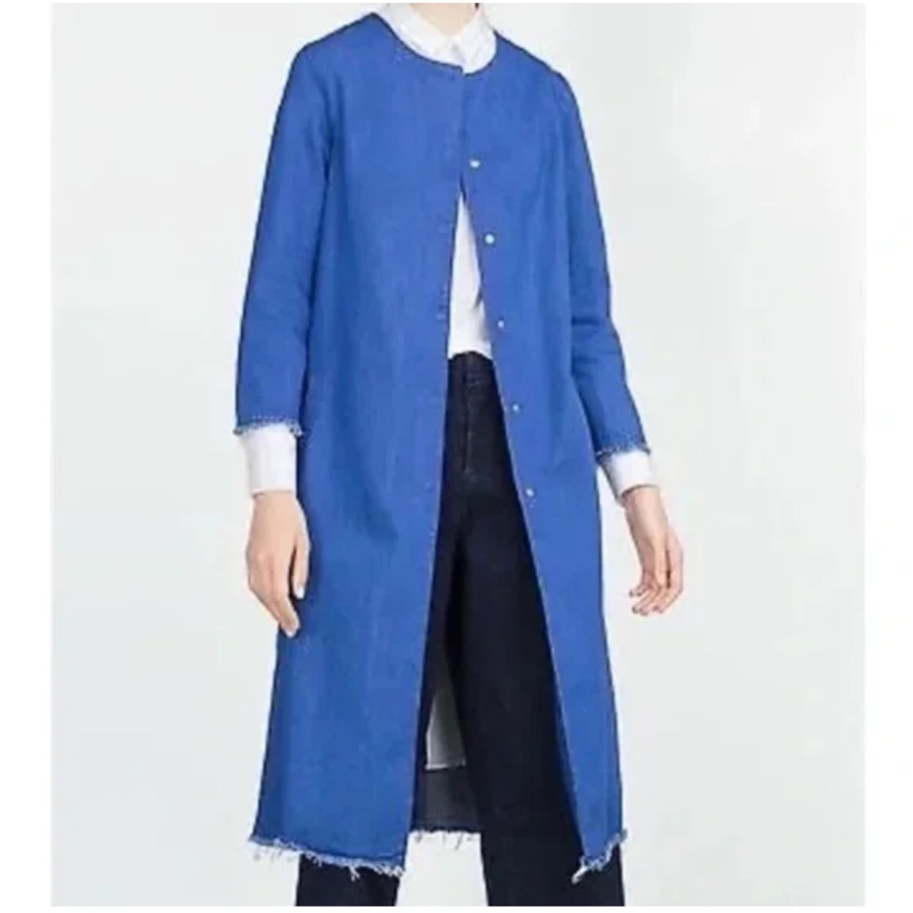 Zara Blue Denim Collarless raw edge hem and cuff Coat Size M